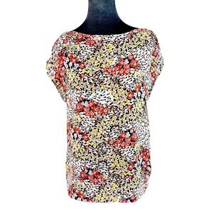 Soft Ditsy Floral Cottagecore Yellow Coral Multi Short Sleeve Mixed Media Top M